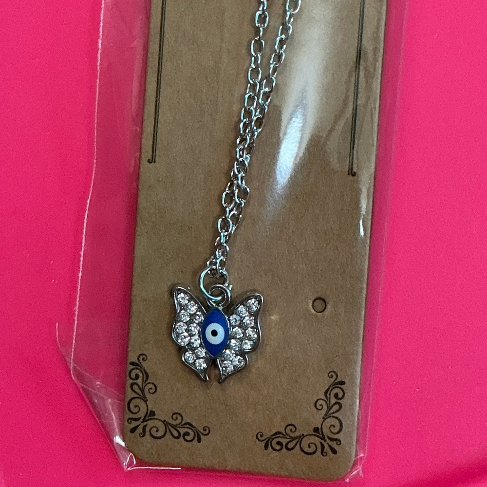 Silver Evil Eye Butterfly Pendant Necklace